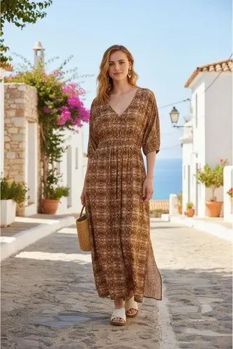 Vestido Largo De India Estampado Boho Marrón Estampado Xl