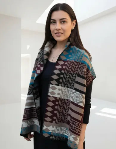 Poncho Saco Ruana Amplio Importado Beige Con Marron Estampado Único