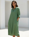 Vestido De Simil Seda Cuello Camisero Verde Liso Único