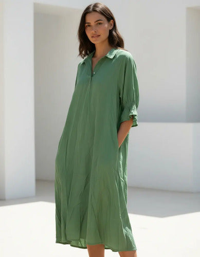Vestido De Simil Seda Cuello Camisero Verde Liso Único
