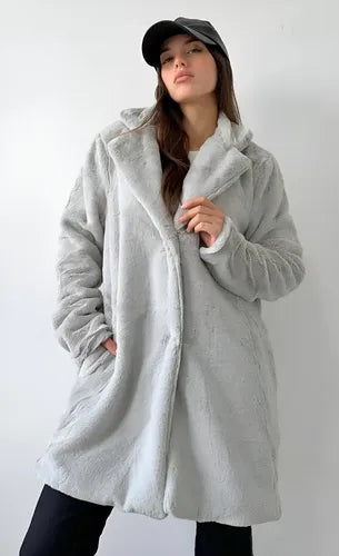 Saco Tapado  De Piel Sintética Importado Extra Suave Amplio Gris Claro S Pelo Corto