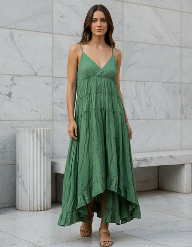Vestido Solero Largo Simil Seda Verde Loro Lisa Único