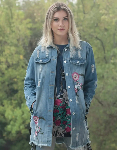 Campera Saco De Jean Bordada Celeste S Bordado