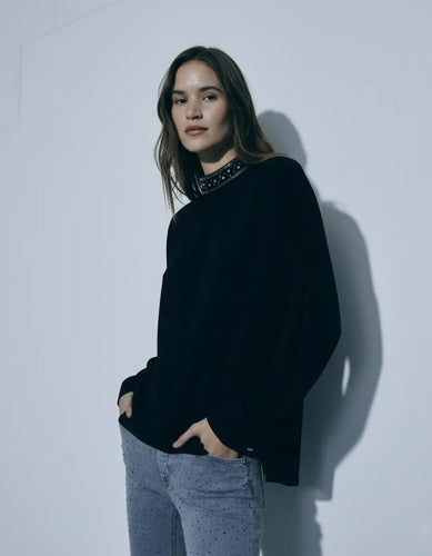 Blusa Manga Larga Con Strass Fiesta Noche Modelo Grande Negro Lisa Xl