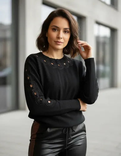 Sweater Tejido Importado Detalle En Brazos Strass  Cod.174 Negro U