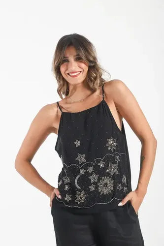 Blusa Top Musculosa Importada Lentejuelas Paillettes Negro Lentejuelas L