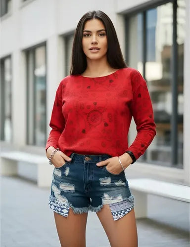 Buzo Corto De Diseño  Amplio S Rojo Estampado