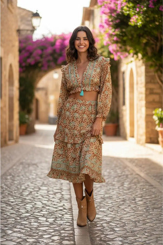 Pollera + Blusa De Seda Hindú (conjunto) Marrón Estampado Único