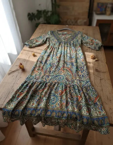 Vestido Largo De Seda Hindú Mangas 3/4 Multicolor Estampado Único