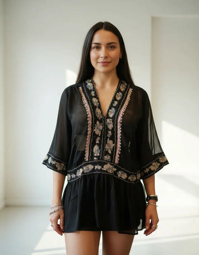 Blusa Camisa Tunica  Bordada Importada India Folk Tipo Vars Negro S