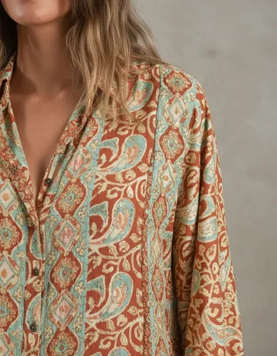 Vestido Camisero De Seda Hindú Con Dorado Modelo Amplio Marrón Estampado Único