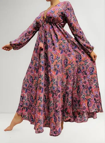 Vestido Largo Seda Hindú Manga Larga Rosa 2 Estampado Único