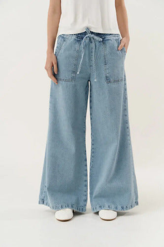 Pantalón De Jean Palazzo Celeste Liso Xl