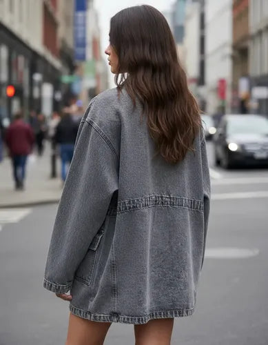 Saco Largo Jean Campera Camisaco Oversize Denim Talle Grande Gris 38 Liso