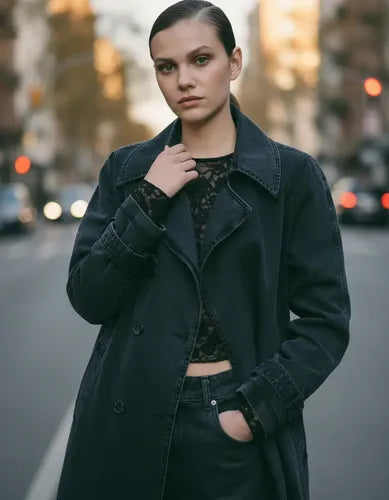 Trench Jean Tapado Denim Largo Sobretodo