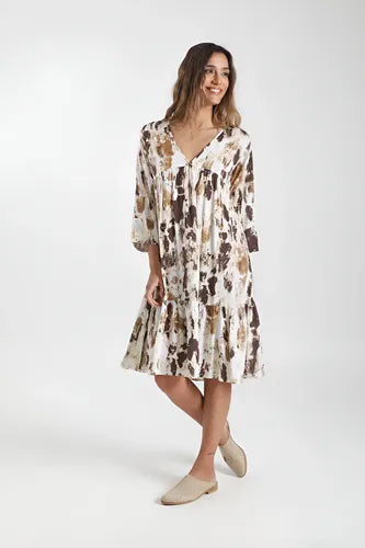 Vestido Manga Larga De India Estampado Modelo Amplio Blanco Con Marrón Manga Corta Estampado M