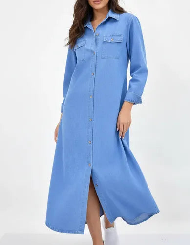 Vestido Camisero De Jean Maxi Celeste Lisa 4