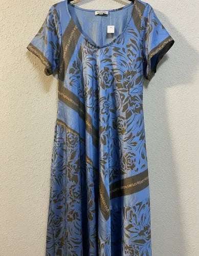 Vestido Largo Seda Hindú Modelo Amplio Nuevo 2da Selección Celeste Estampado Único