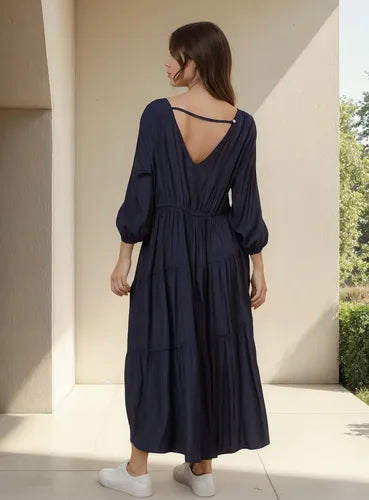 Vestido Manga Larga Simil Seda Negro Lisa Único