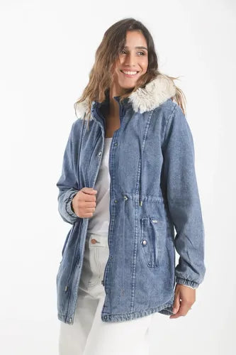 Campera De Abrigo De Jean Larga Con Piel Importada Azul Acero S Lisa