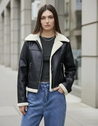 Campera Gamulán Eco Cuero Con Piel Negro 42 Liso