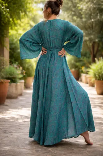 Vestido De Seda Hindú Largo Mangas Oxford Verde Estampado Único