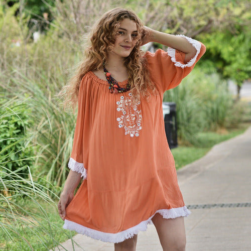 Vestido De Bambula Bordado Modelo Grande Naranja Bordado Único
