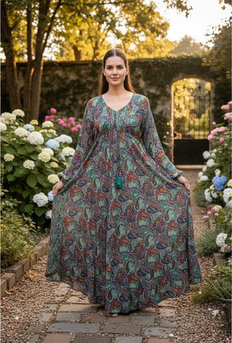 Vestido Boho Largo Manga Larga Seda Hindú Fiesta Verde Estampado Único