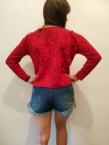 Buzo Corto De Diseño  Amplio S Rojo Estampado