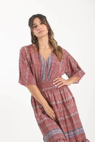 Vestido De Seda Hindú Largo Mod. 24 Rosa Viejo Estampado Único