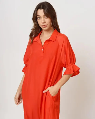 Vestido De Simil Seda Cuello Camisero Verde Liso Único