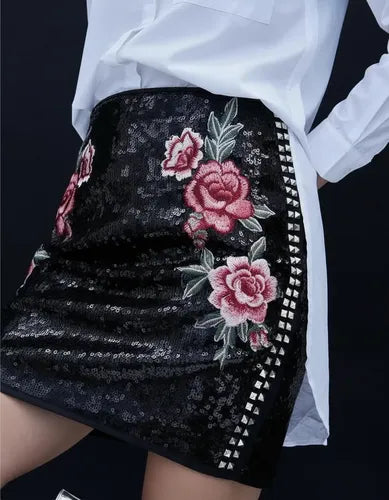 Mini Pollera Falda Fiesta  Bordadas (9661) Negro Bordado M