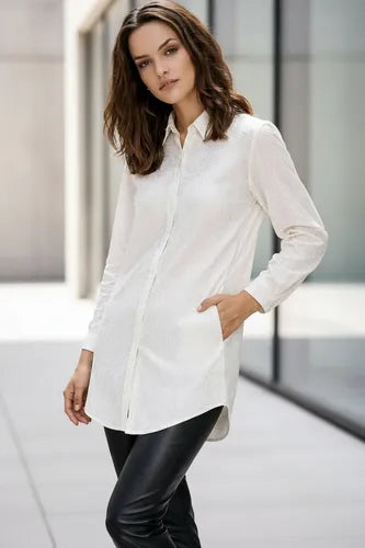 Camisa Blusa Diseño Detalles Dorados De Vestir Larga Blanco Puntitos Dorados 1