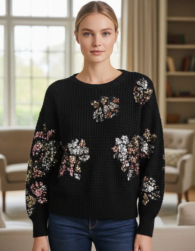 Sweater Tejido Panal Importado Lentejuelas Paillettes Negro Lentejuelas Único