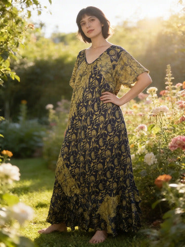 Vestido Seda Hindú Modelo Amplio Xxxl Azul Estampado Único