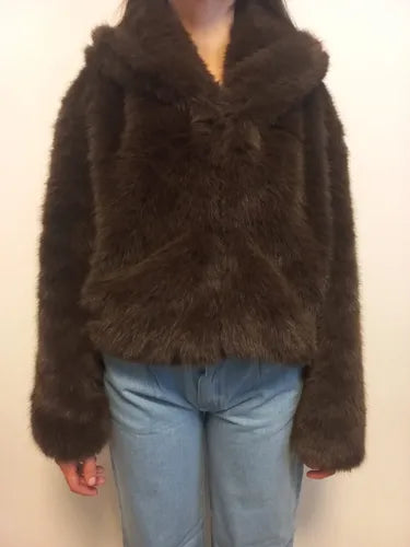 Saco Chaqueta De Piel Sintética Corto Chocolate L Lisa