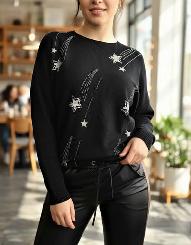 Sweater Tejido Importado Detalles  Strass Estrellas Negro U
