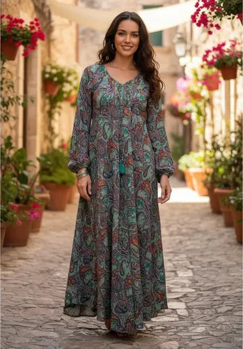 Vestido Boho Largo Manga Larga Seda Hindú Fiesta Verde Estampado Único