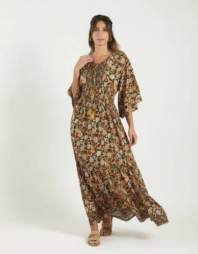 Vestido De Seda Hindú Largo Mod. 18 Negro Estampado Único