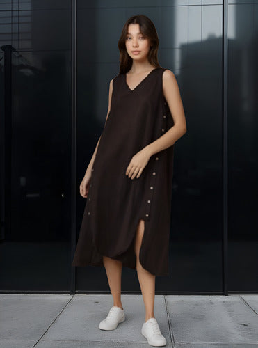 Vestido De Lino Abotonado A Los Costados Midi Gris Lisa Único