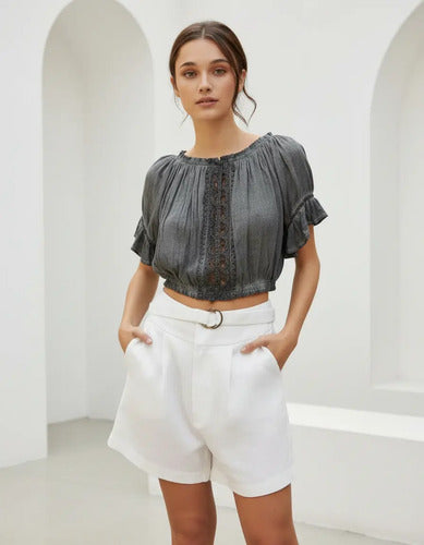 Camisa Blusa Paisana Importada Corta Marrón Claro L