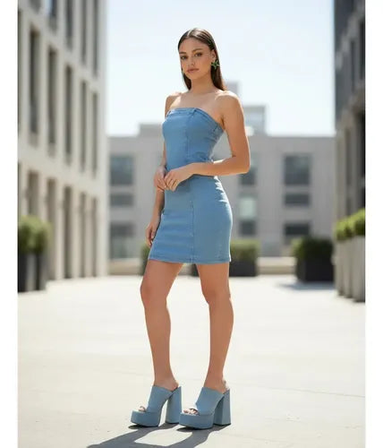 Vestido Jean Elastizado Strapless Denim Nuevo 2da Seleccion