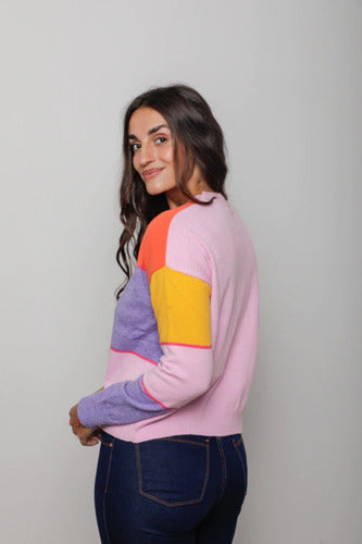 Sweater Tejido Diseño Cuadros Colores Rosa Único