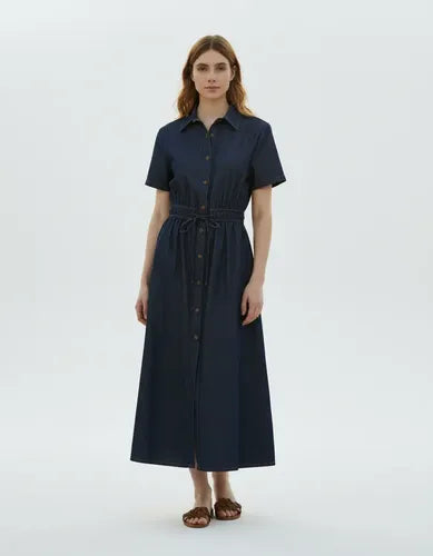 Vestido Jean Camisero Largo Manga Corta