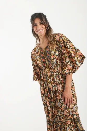 Vestido De Seda Hindú Largo Mod. 18 Negro Estampado Único