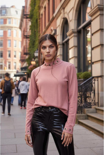 Sweater Tejido Cuello Alto Importado  Rosa Liso Único