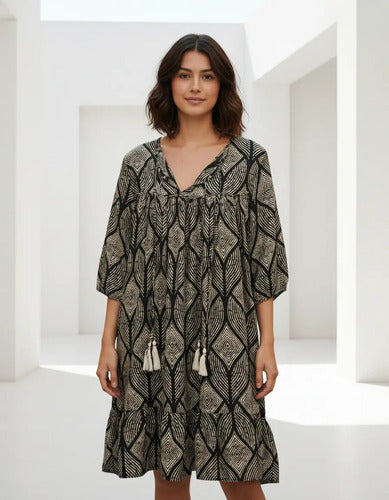 Vestido De Seda Hindú Corto Amplio Mod. 45 Beige Y Negro Estampado Único