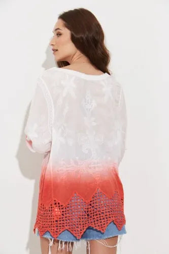 Blusa Camisa Puntilla Importada Batik Boho Hippie Chic Blanco Con Coral Batik L