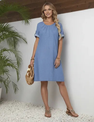 Vestido De Jean Camisero Manga Corta Midi Celeste Liso Xs