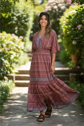Vestido De Seda Hindú Largo Mod. 24 Rosa Viejo Estampado Único